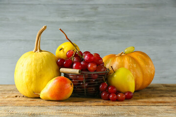Different healthy food on wooden table. Harvest festival