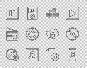 Set line Vinyl disk, Music player, equalizer, note, tone, Pause button, Power, book with and icon. Vector