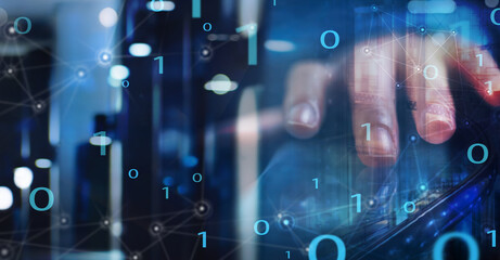 Digital software technology development and big data, internet network connections concept,  programmer using digital tablet and laptop computer with binary code