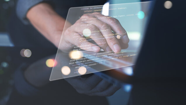 Digital software technology development concept. Coder programmer, software engineer coding computer language, javascript on laptop computer