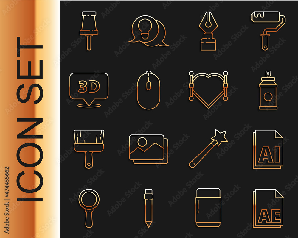 Poster set line ae file document, ai, paint spray can, fountain pen nib, computer mouse, speech bubble with