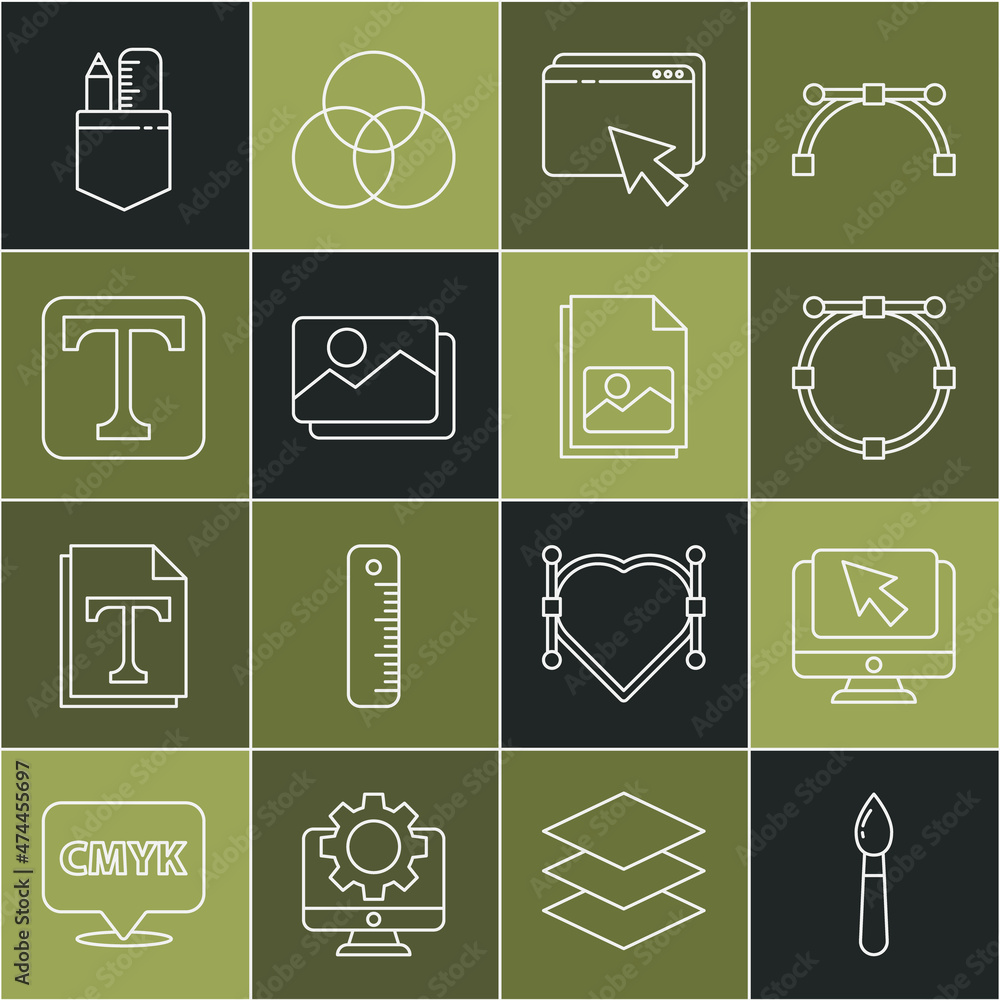 Poster set line paint brush, computer monitor and cursor, circle with bezier curve, web design development,