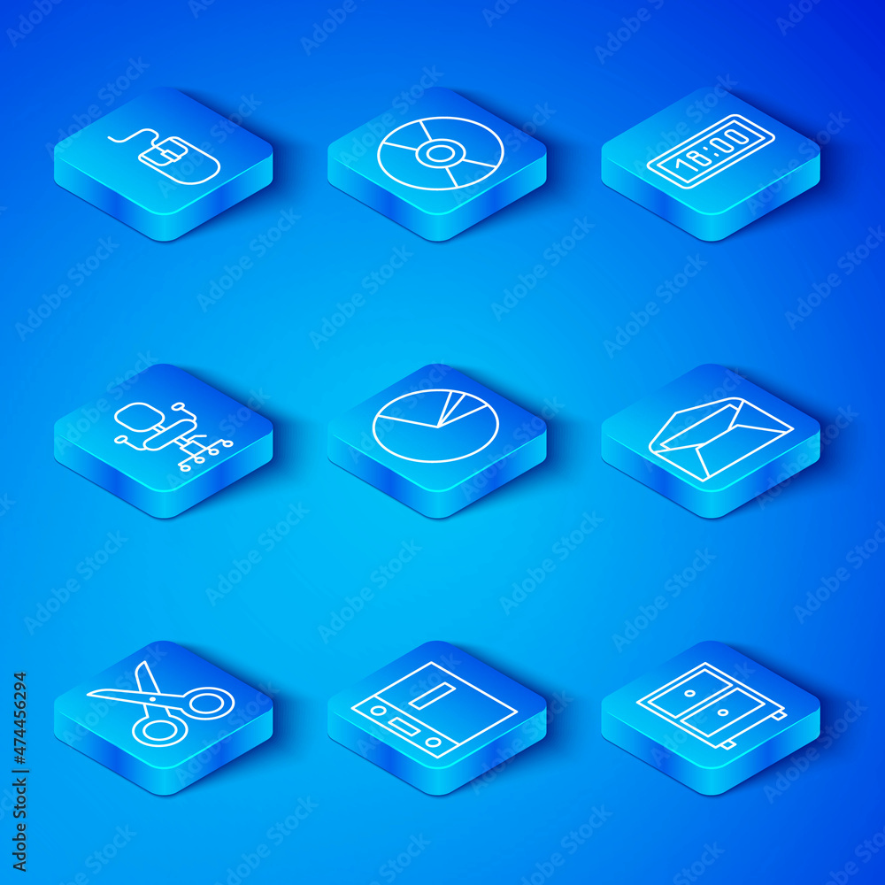 Poster set line scissors, pie chart infographic, office folders, envelope, digital alarm clock, chair, comp
