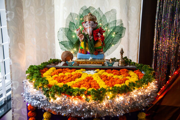 Decorated Ganesha idol during Ganesha Chaturthi in Pune, India.