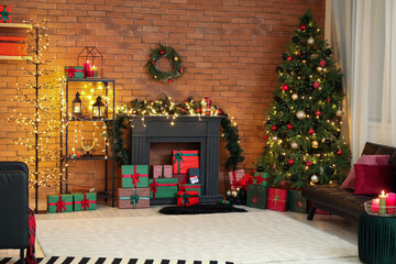 Interior of modern living room with Christmas tree and fireplace