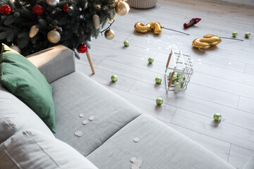 Interior of messy room after Christmas party