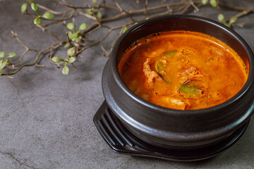 Cheonggukjang, Korean style rich soybean paste stew : A stew made with a thick soybean paste called cheonggukjang (similar to Japanese natto) with dubu (soybean curd / tofu)
