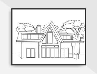 Sketch style line art hand drawn of house landscape or poster in decorative style beautiful illustration for coloring page
