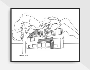 Sketch Line art hand drawn of house landscape or poster in decorative style beautiful illustration for coloring page
