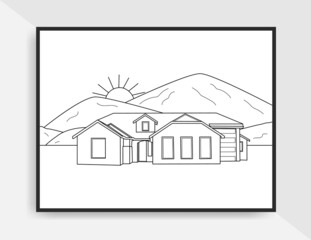 Line art hand drawn sketch of house landscape or poster in decorative style beautiful illustration for coloring page