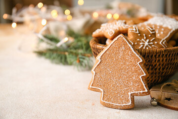 Sweet Christmas gingerbread cookies on table