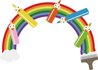 虹　刷毛　描く　塗る　ペンキ塗り　白背景　色鉛筆　鉛筆