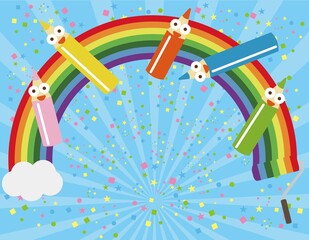 虹　ローラー　色鉛筆　鉛筆　紙吹雪　描く　塗る　ペンキ塗り　集中線　背景　壁紙