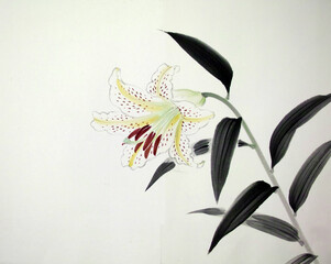 日本画で描いた、ユリの花の絵です。