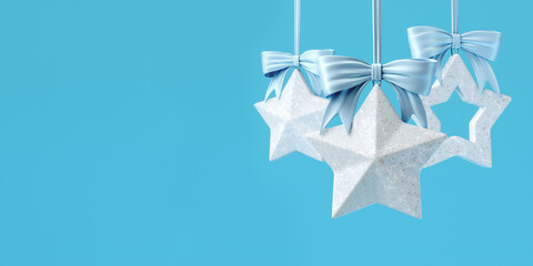 3d illustration of Christmas decorations. Silver stars with light blue bows. The picture is in soft blue tones, horizontal format with space for text.