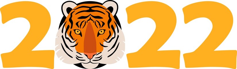 Happy new year 2022. Year of tiger, drawing tiger face and numbers 2022