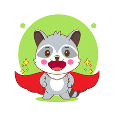 Cute raccoon cartoon character with red cloak as super hero