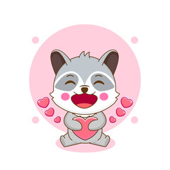 Cute raccoon cartoon character holding love heart