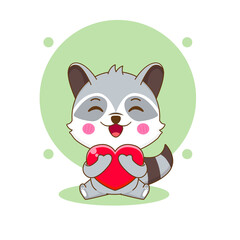 Cute raccoon cartoon character holding love heart