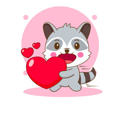 Cute raccoon cartoon character with love heart