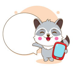 Cute raccoon cartoon character with phone and bubble chat