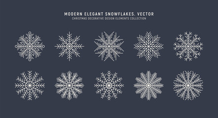 Elegant Modern Ornate Snowflakes Vector Set In Vintage Style Isolated On Background. Outline Trendy Snowflake Symbol Collection For Christmas And New Year Decoration. Winter Decorative Design Elements