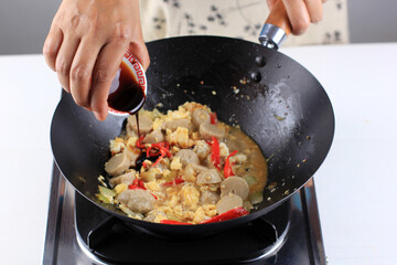 Add Sweet Soy Sauce to the Pan, Cooking Process Making Delicious Food.