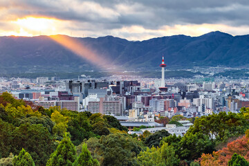 Sunlight on the Kyoto Tower with Kyoto Cityscape, Kyoto, Japan