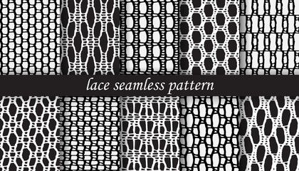 Bundle of lace mesh fabric.  Black and white textures. - obrazy, fototapety, plakaty