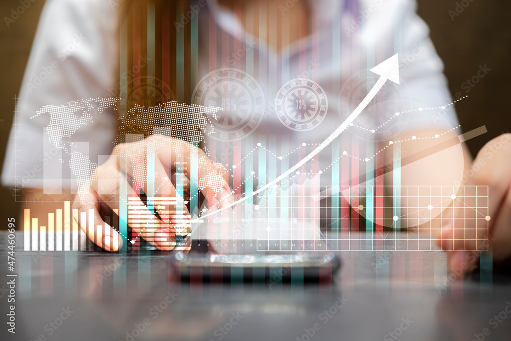Poster attractive smiling businesswoman or stock trader analyzing stock graph chart using smartphone