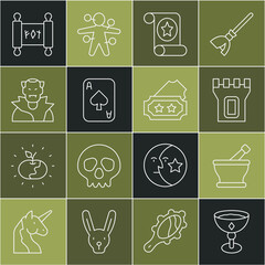 Set line Medieval goblet, Mortar and pestle, Castle tower, Magic scroll, Playing cards, Vampire, and Ticket icon. Vector