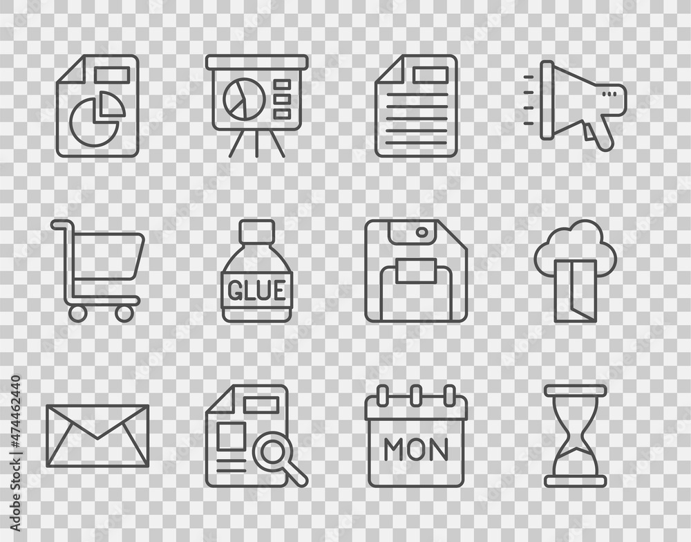 Poster set line mail and e-mail, old hourglass, file document, document with graph chart, glue, calendar an