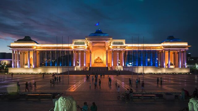 Zoom in time lapse view of Sukhbaatar Square by night in central Ulaanbaatar, the capital and largest city of Mongolia.	
