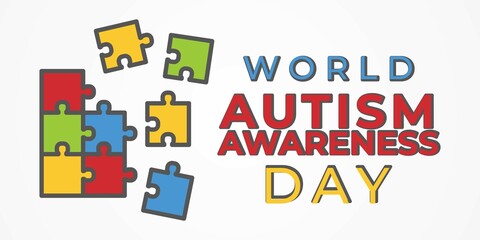 Awareness for people with autism, illustration of autistic support concept, autism symbol, ribbon, heart, puzzle
