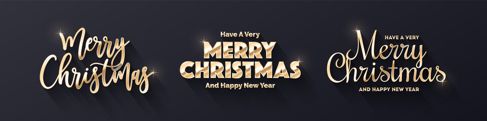 Have A Very Merry Christmas And Happy New Year Golden Gradient Vector Different 3D Text Design Template Collection On Dark Blue Background. Xmas Typographic Variations Golden Metallic Design Elements
