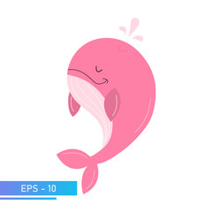 A kind pink whale in delicate pink colors, splashes water out of itself. Proud and sweet. Vector illustration.