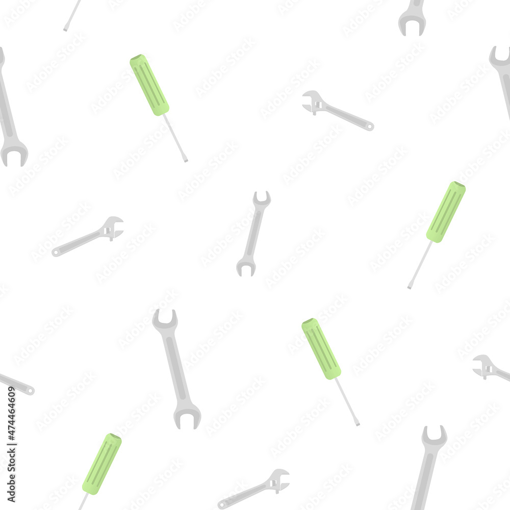 Wall mural Pattern of sliding wrench, wrench and screwdriver. Cute color design. On a white background. Tools for any specialist. Flat vector illustration.