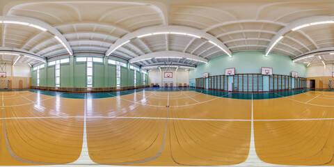 full seamless spherical hdr panorama 360 degrees angle view in empty gym with gymnasium basketball court in equirectangular projection, AR VR content