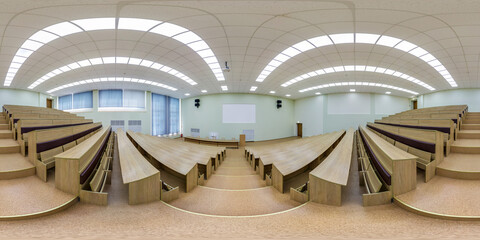 full seamless spherical hdr panorama 360 degrees angle view in modern empty conference and lecture hall in equirectangular projection, AR VR content - obrazy, fototapety, plakaty