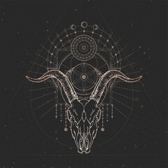 Vector illustration with hand drawn Goat skull and Sacred geometric symbol on black vintage background. Abstract mystic sign.