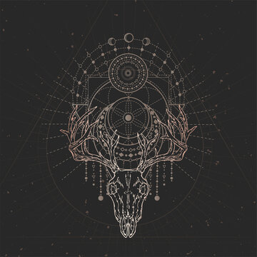 Vector illustration with hand drawn Deer skull and Sacred geometric symbol on black vintage background. Abstract mystic sign.