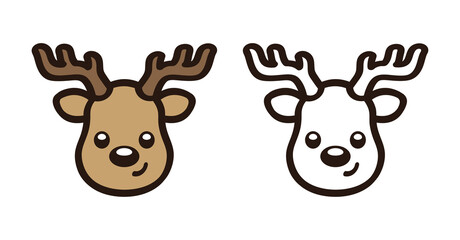 Happy reindeer head colored and outline doodle clipart set
