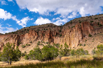 Scenic view of Frijoles Canyon volcanic tuff cliffs at the Bandelier National Monument, New Mexico