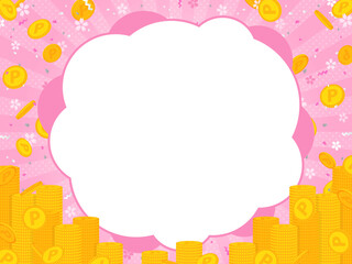 ポイントコイン、桜、紙吹雪が舞うピンク色フレーム素材／山積みのコイン