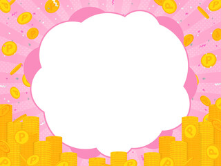 ポイントコインと紙吹雪が舞うピンク色フレーム素材／山積みのコイン