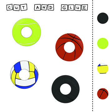 Vector illustration of mead animals lacking the desired element. paper game for the development of preschoolers. Cut out parts of the image and glue on tennis, volleyball, medical and basketball balls