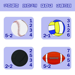 Fototapeta premium counting game with volleyball, baseball, rugby, medicine balls. Preschool worksheet, kids activity sheet, printable worksheet 