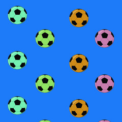 Pattern from colorful soccer balls on a blue  background. Background with sports theme