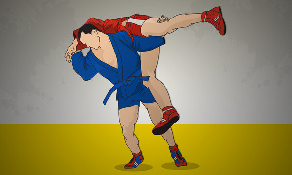 Wrestling of two male athletes in sambo wrestling. Russian wrestling