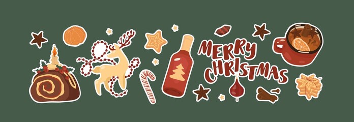 Christmas Big set sticker. Celebration, party, New Year. Isolated vector colorful element. 